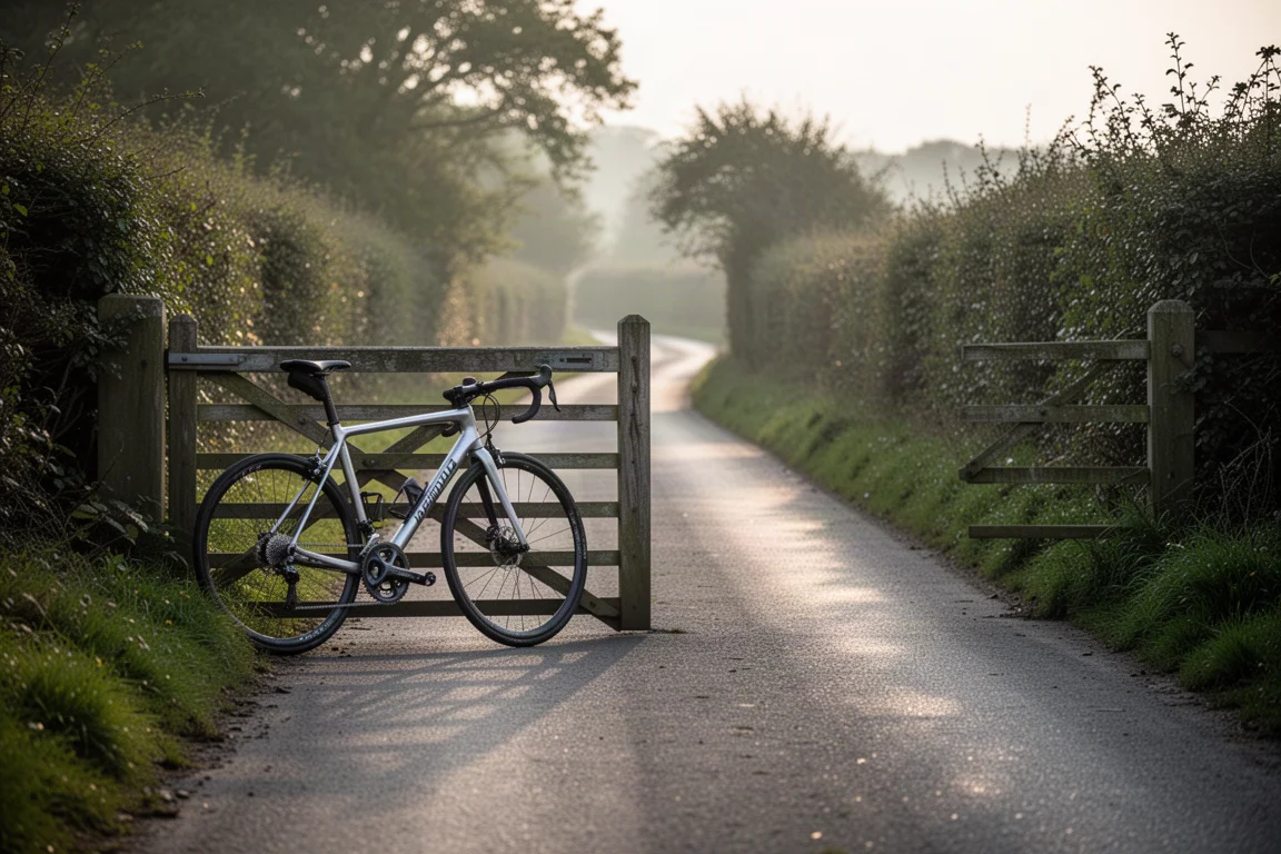 Ciclista che percorre una strada di campagna nella nebbia all'alba su una bici da strada endurance