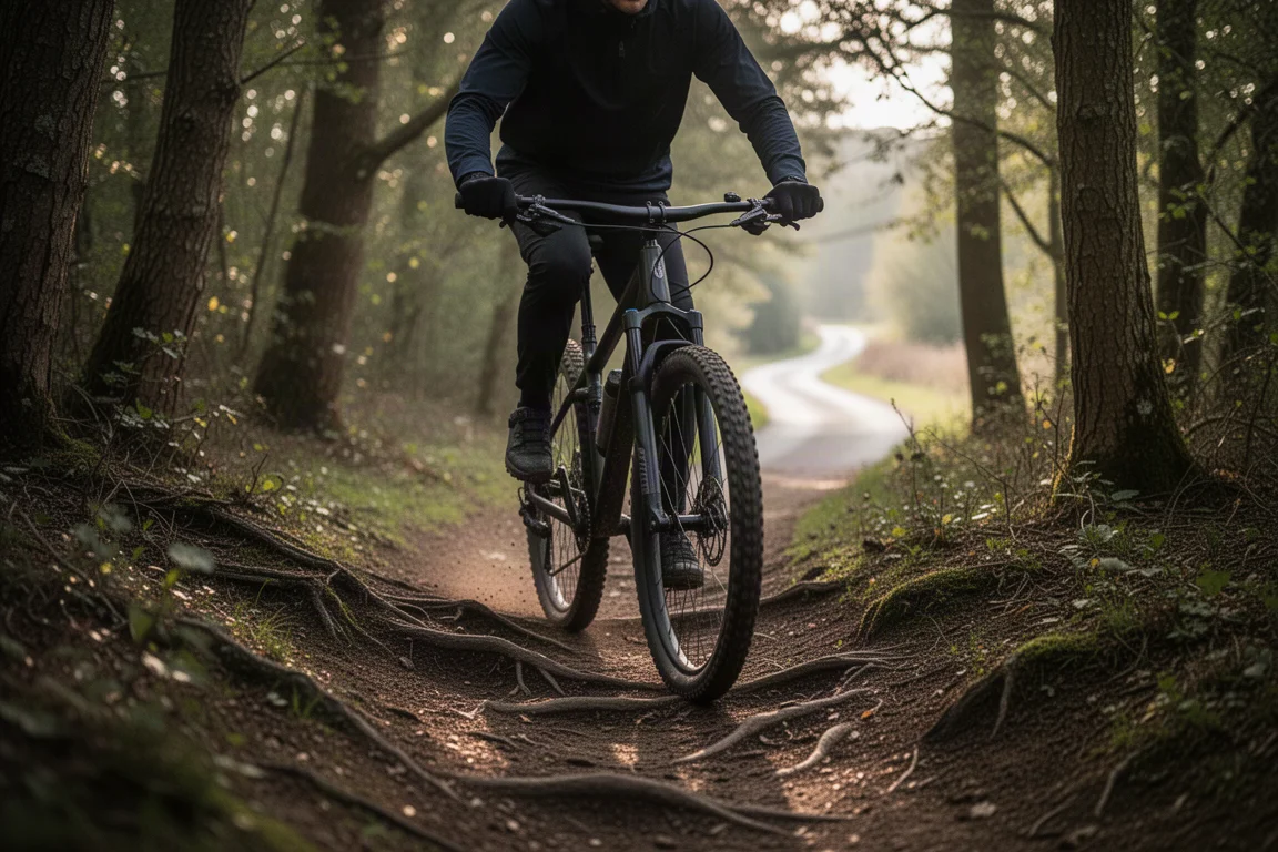 Rowerzysta na górskim rowerze hardtail na suchej leśnej ścieżce singletrack