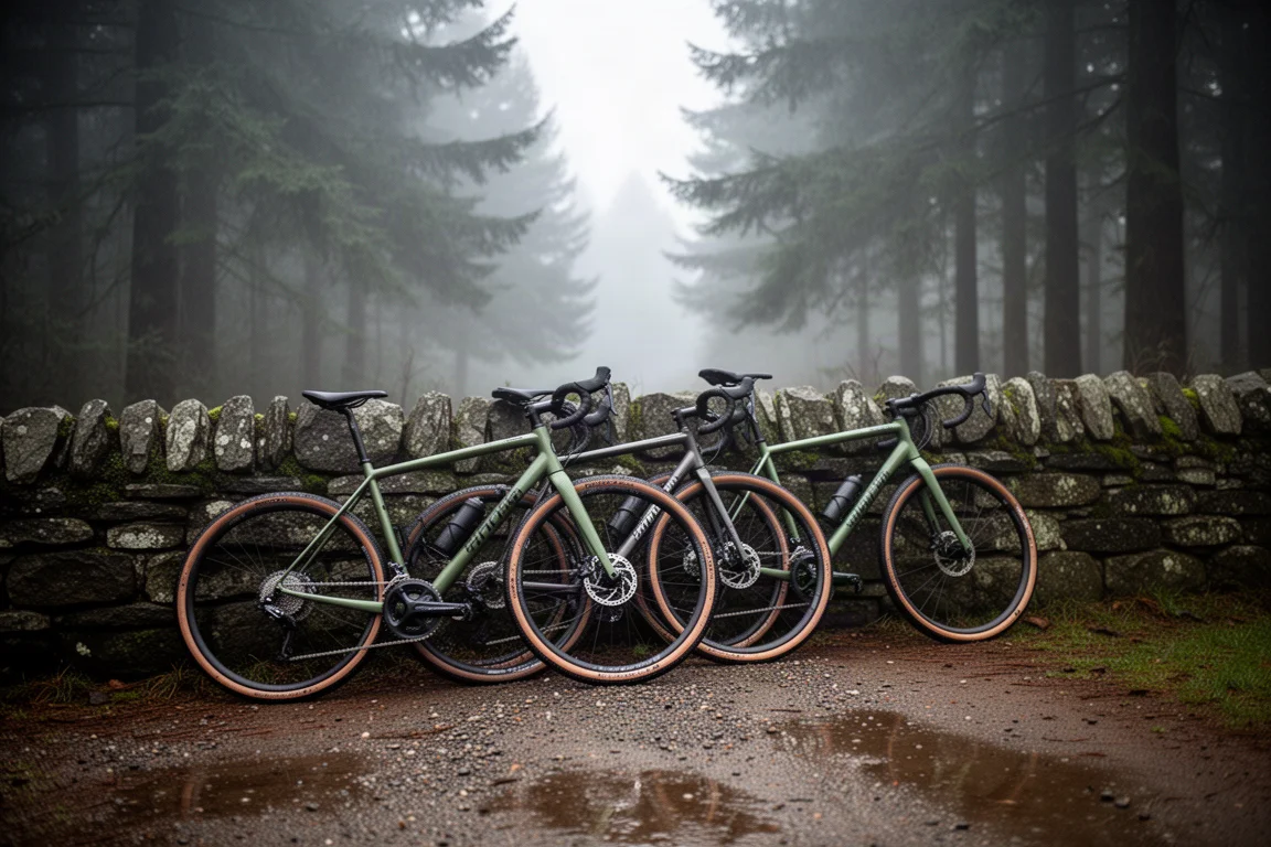Diverse bici gravel parcheggiate in fila su ghiaia bagnata al margine di un bosco