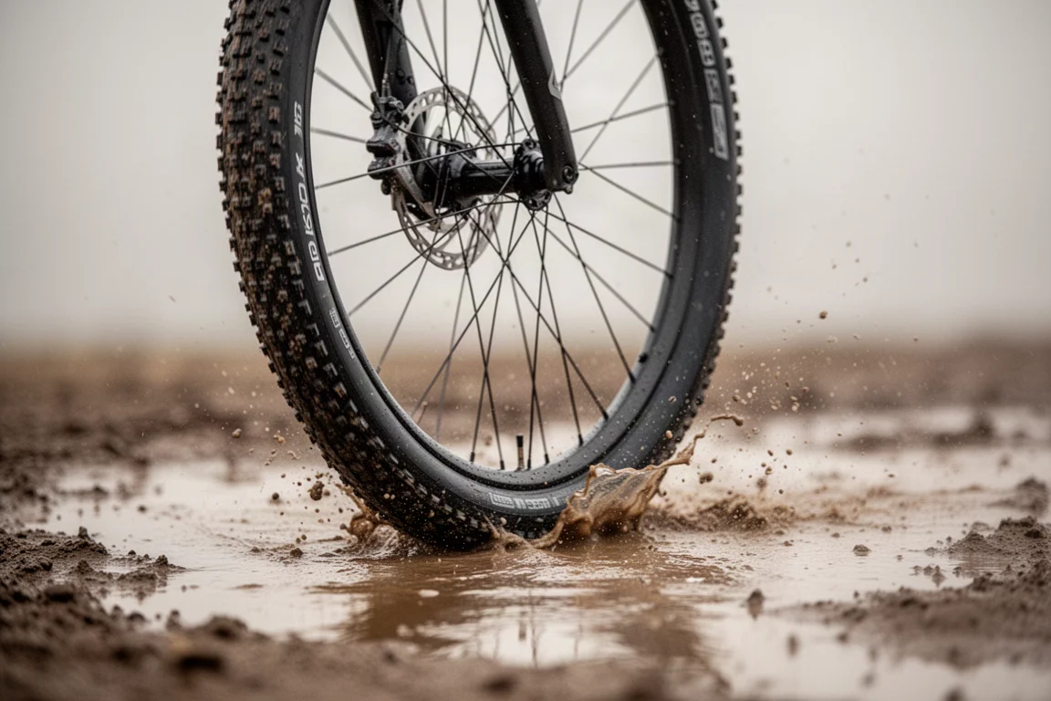 Primo piano di una gomma gravel semi-slick da 40mm che attraversa un sentiero fangoso
