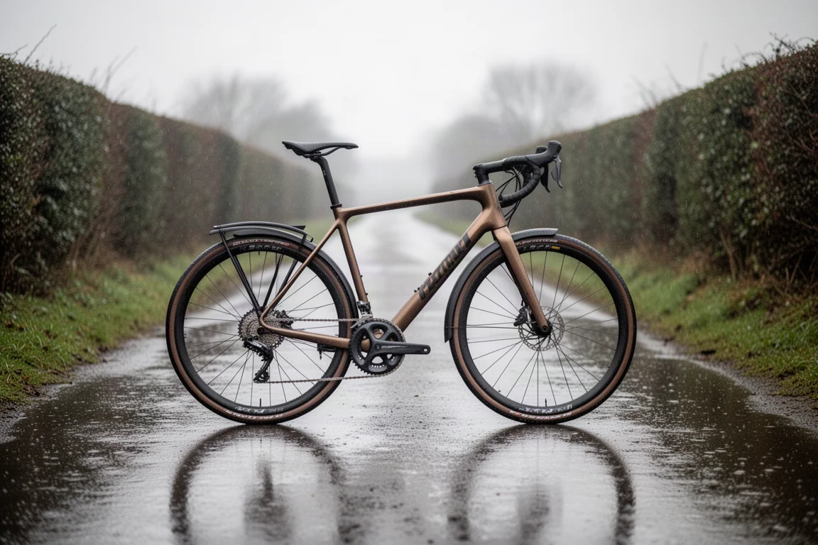 Bici gravel con parafanghi montati su una strada bagnata nella luce invernale