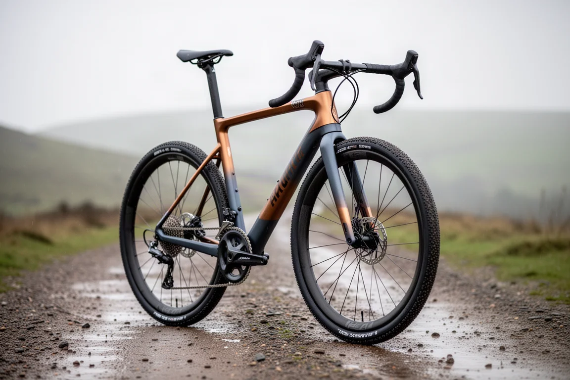 Carbon gravel race bike with bronze split paint finish standing on a wet gravel track