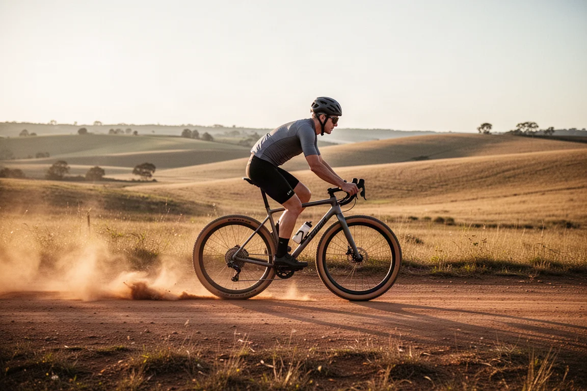 Ciclista de gravel pedalando uma bike de corrida de pneus largos por uma estrada de terra rápida e rolante