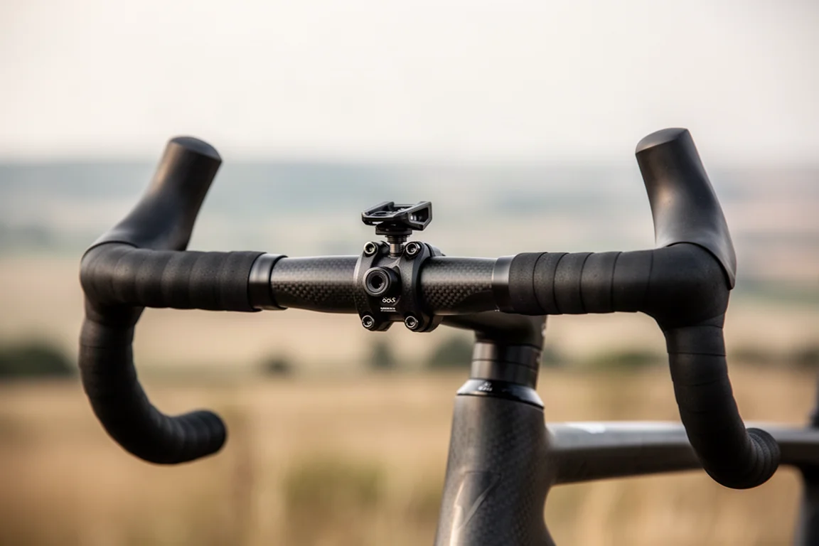 Close-up de um cockpit integrado de bike de gravel com guidão drop flare e suporte intercambiável