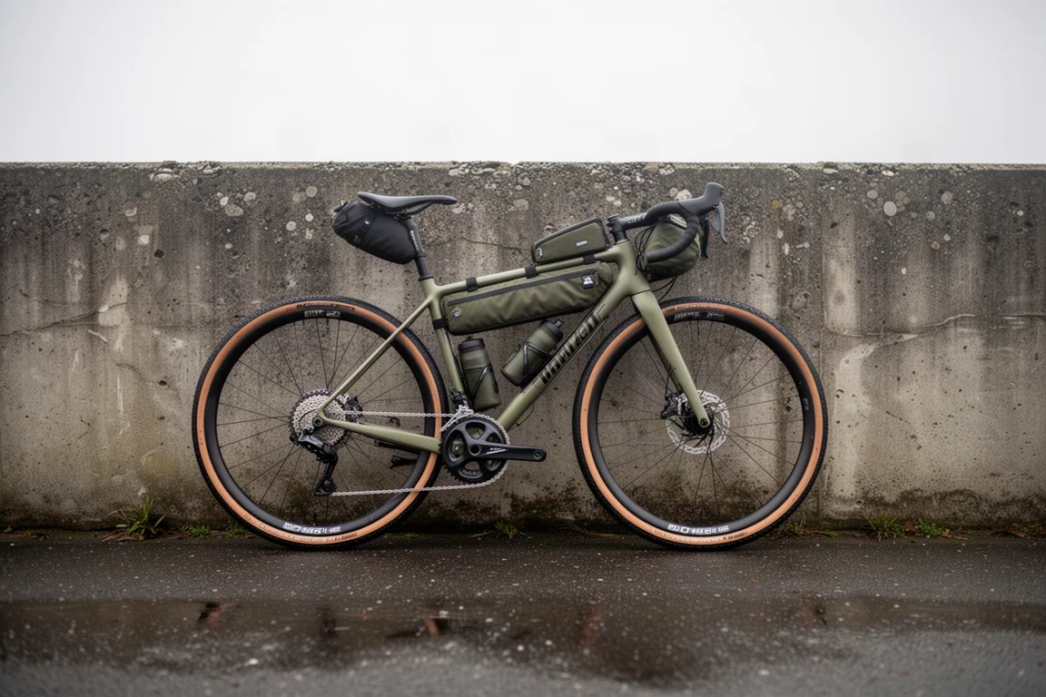 Bike de gravel encostada na parede com bolsas de quadro instaladas