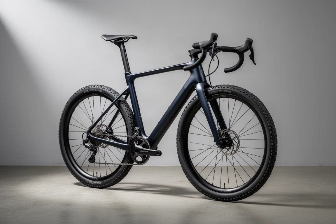 Dark carbon gravel race bike with flared drop bars and deep-section wheels on a grey backdrop