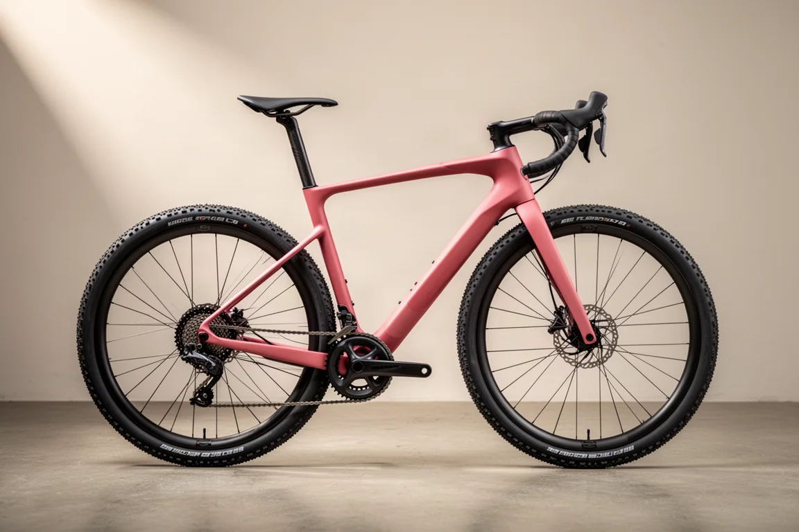 Carbon gravel race bike in pale pink shown in profile on a concrete floor
