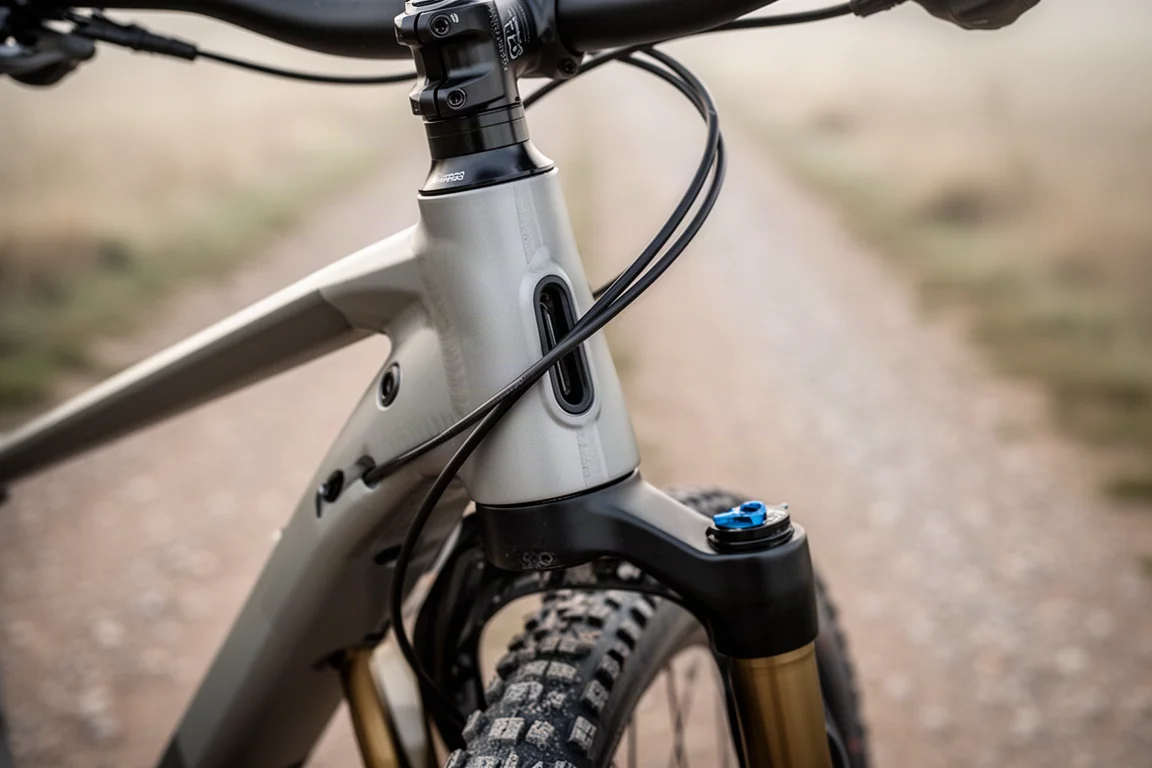 Närbild på en fjädringsgaffel för gravelcykel med internt dragen bromsslang
