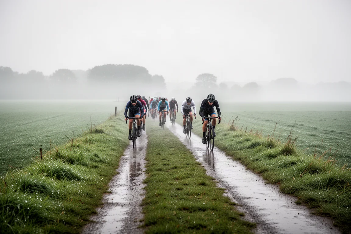 Cyclistes de gravel roulant sur une piste boueuse mouillée dans une brume matinale basse