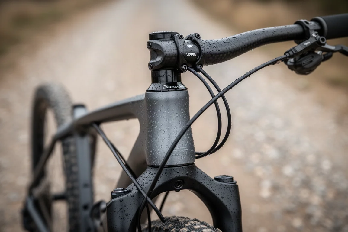 Gros plan sur la couronne d'une fourche à suspension de vélo de gravel avec câbles en routage interne