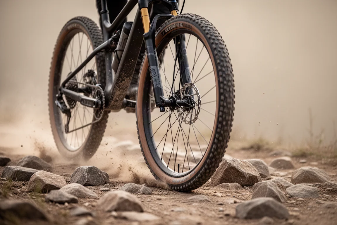 Vue en contre-plongée de la roue avant et de la fourche d'un vélo de gravel franchissant des rochers incrustés