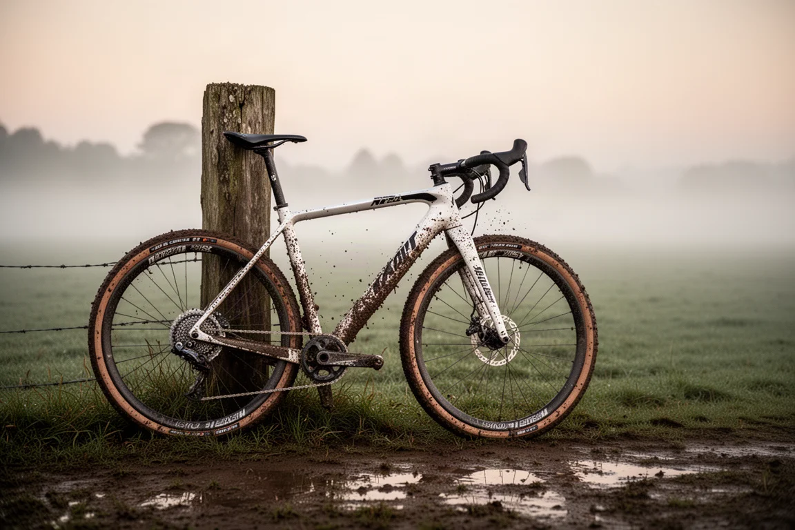 Vélo de gravel couvert de boue appuyé contre une clôture en bois dans une lumière brumeuse à l'aube