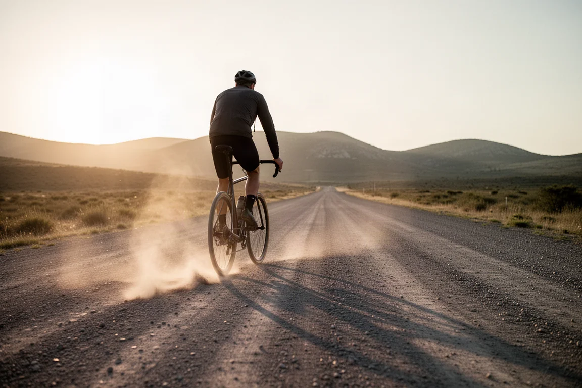 Cyclist riding a wide gravel road toward low hills at golden hour