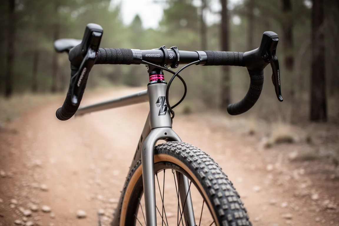 Close-up of a gravel bike handlebar, stem, and front tire on loose gravel