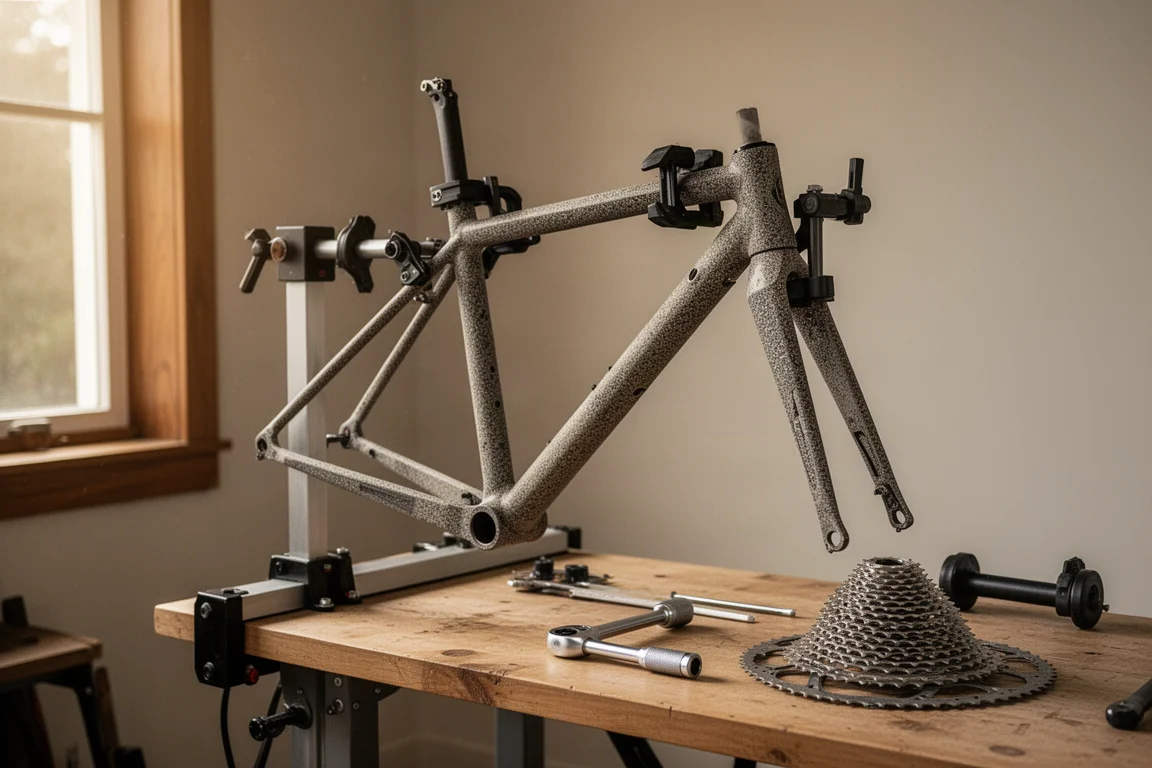 Gravel bike frame in a workshop stand with tools laid out on a bench