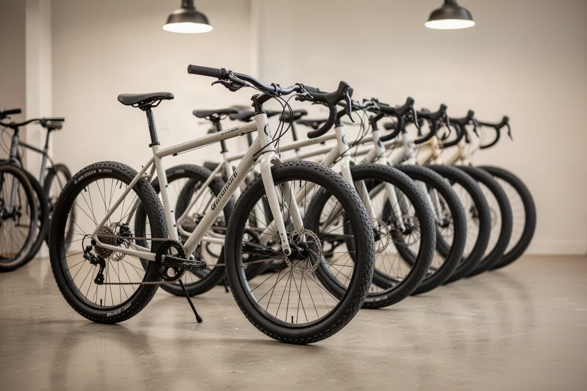 Row of gravel bicycles lined up on a shop floor under soft lighting