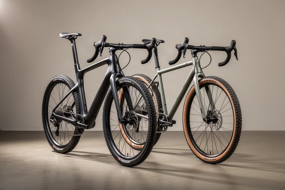 Two gravel race bikes with drop bars and wide tires standing side by side on concrete
