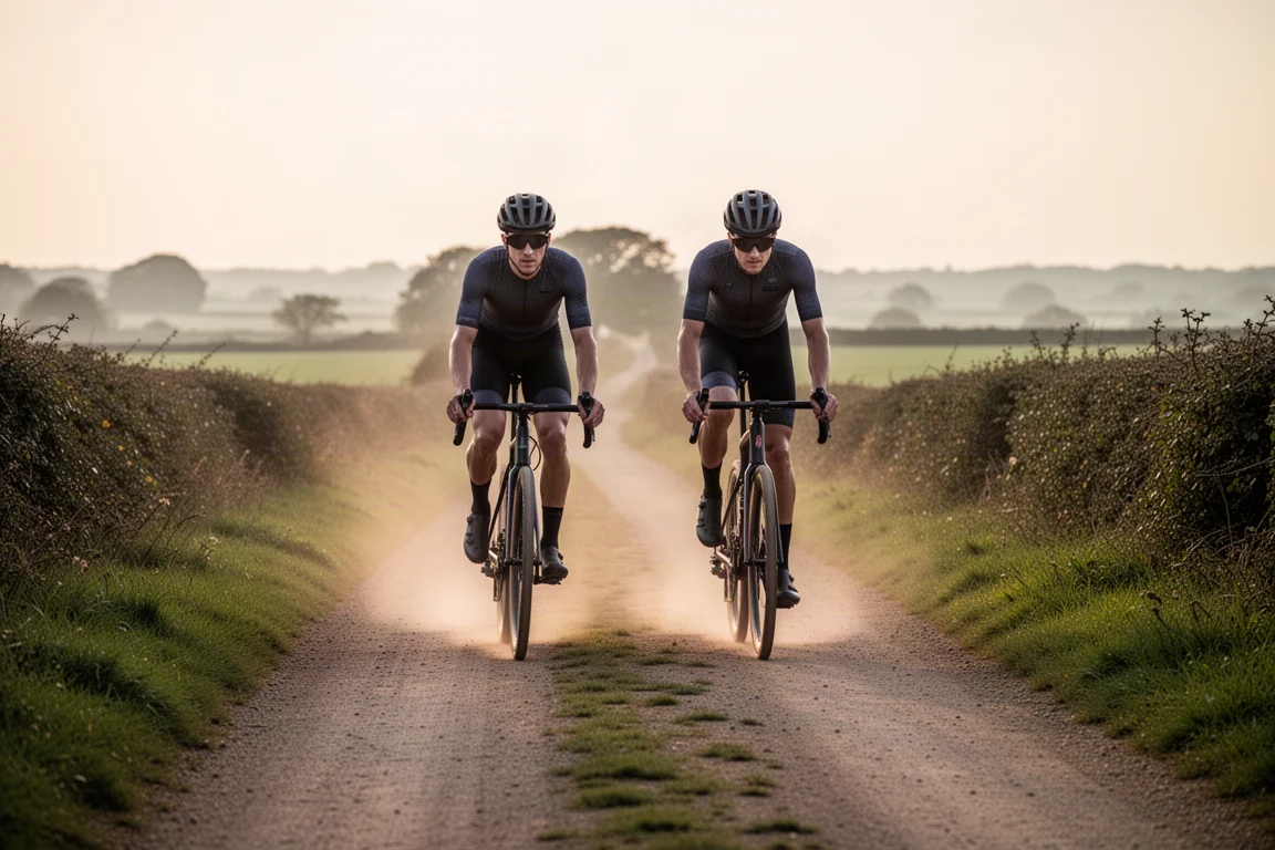 Zwei Gravel-Fahrer auf einer glatten Landstraße bei Sonnenaufgang