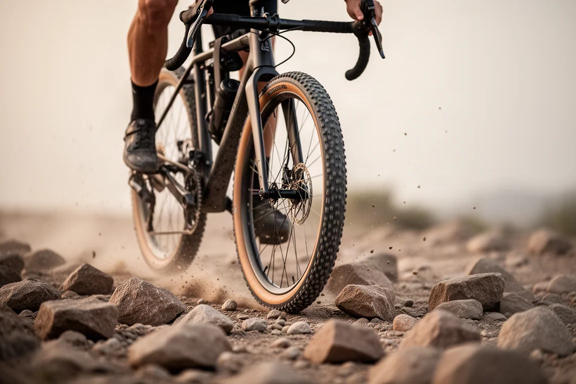 Vorderrad eines Gravelbikes rollt über lose, grobe Steine