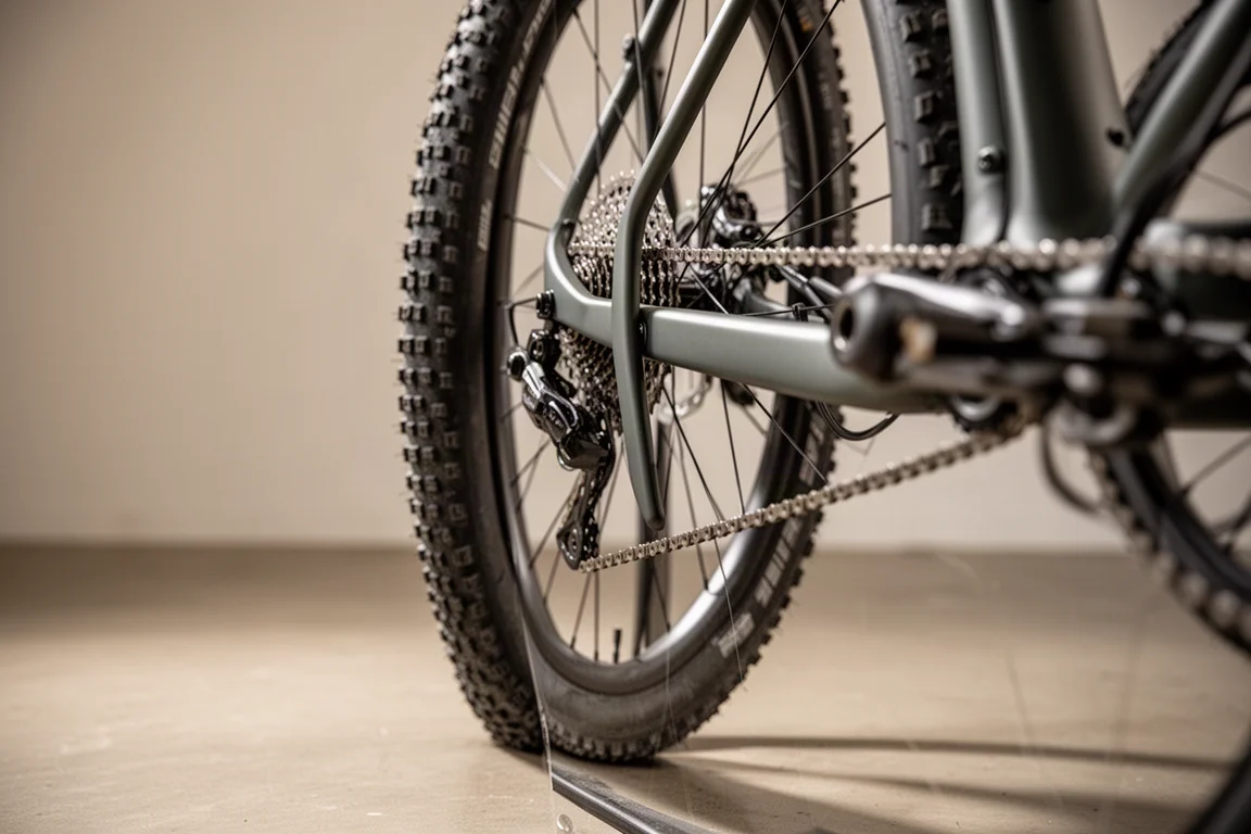 Nahaufnahme von Hinterreifen und Kettenstrebe eines Gravelbikes mit knapper Reifenfreiheit