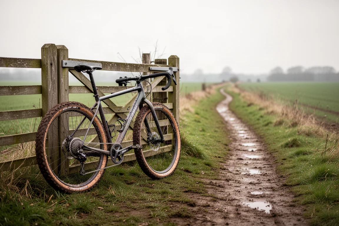 Gravelbike lehnt an einem Holztor neben einem schlammigen Feldweg