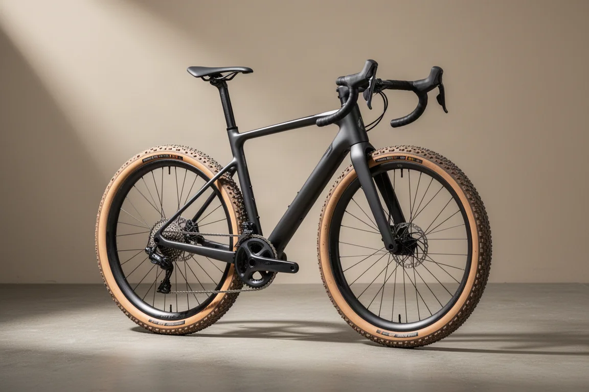 Modern gravelracercykel i kolfiber med däck med beigea sidoväggar på en matt betongyta