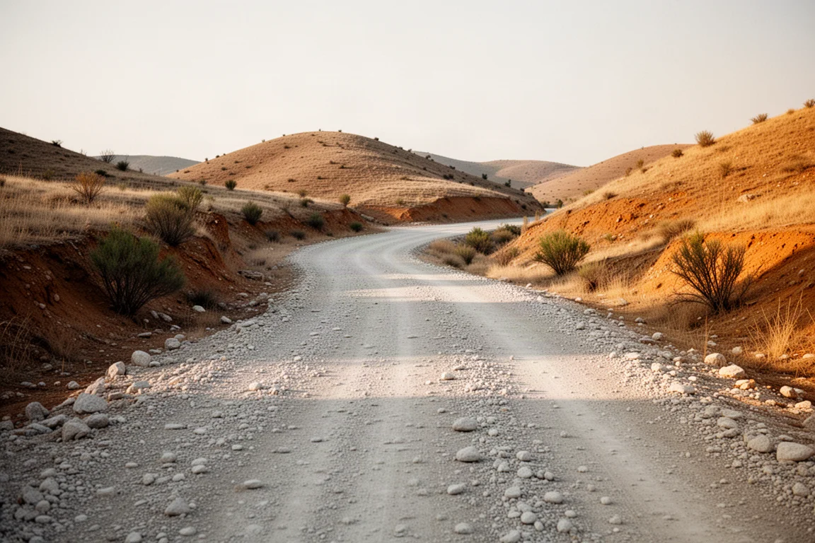 Estrada de gravel sinuosa passando por colinas secas sob luz suave do fim da tarde