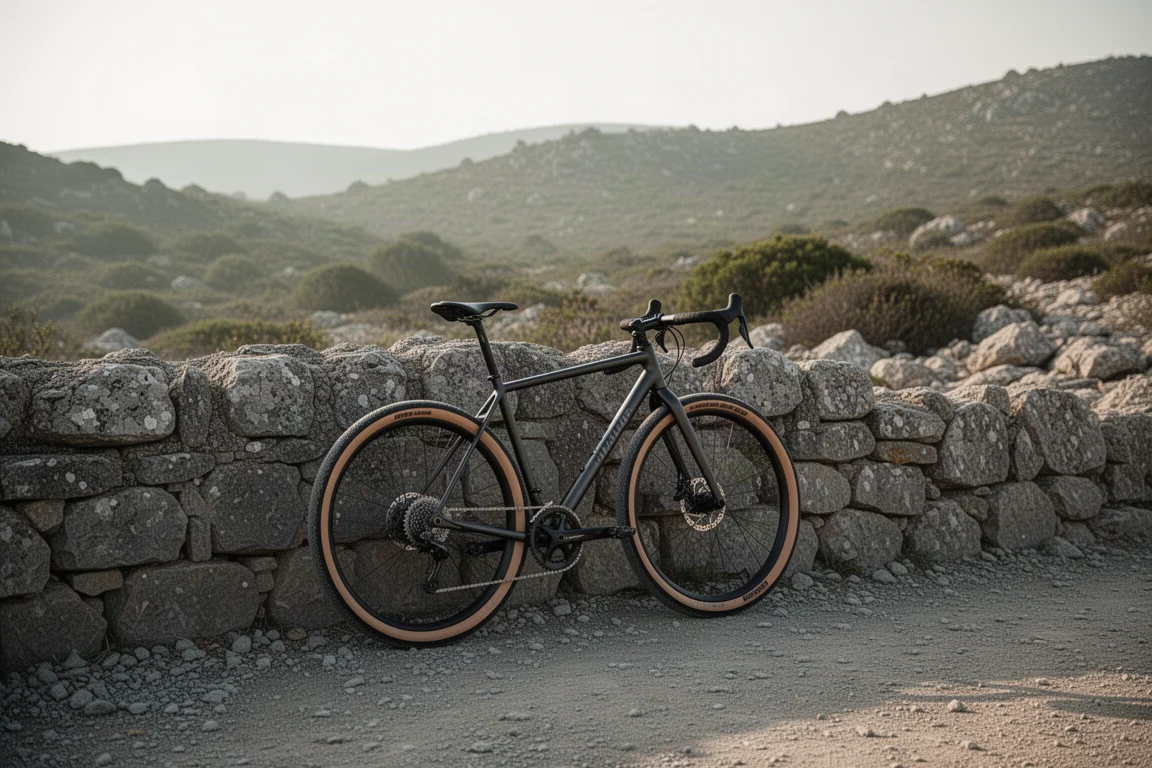 Bicicleta de gravel encostada em um muro de pedra na entrada de uma trilha rochosa