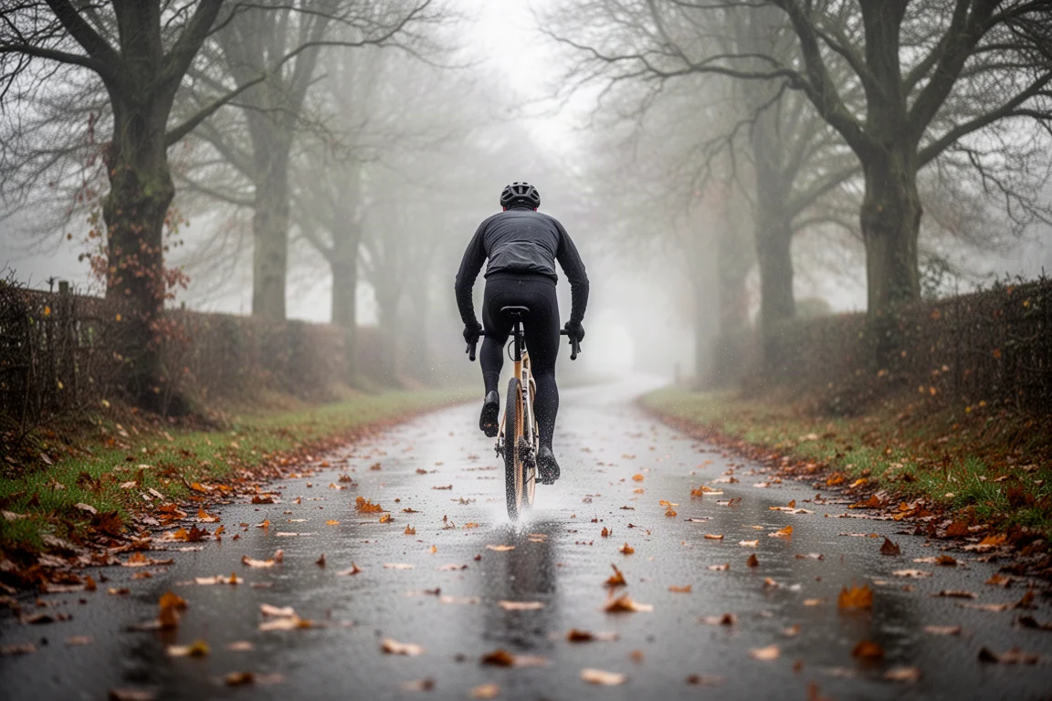 Cyclist riding a gravel bike on a wet leaf covered country road in autumn