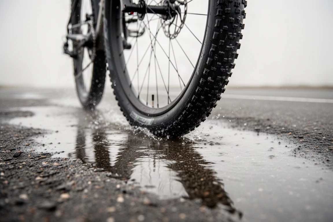 Close up of a wide gravel tire on rough wet tarmac with light spray