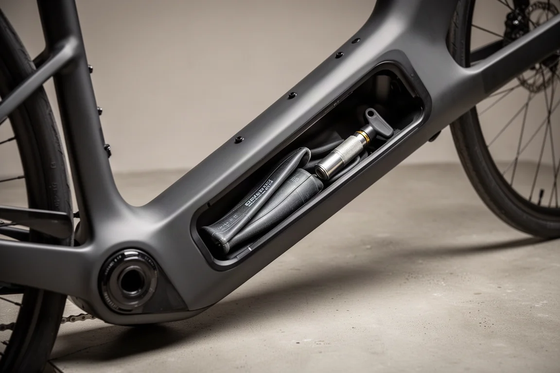 Down tube storage hatch open showing inner tube and mini pump