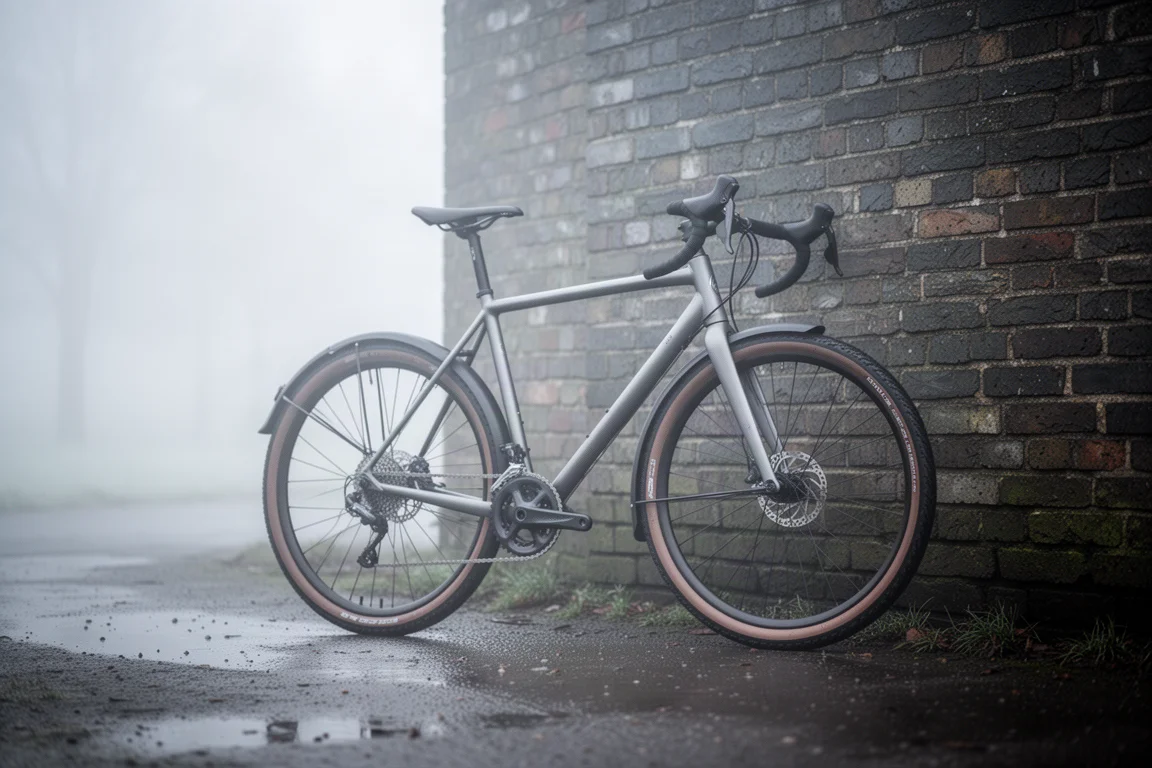 Gravel bike with mudguards parked by a wall on a cold misty morning