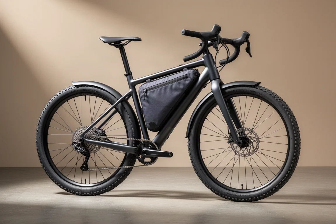 Gravel bike with mudguards and down tube storage bag on a concrete surface
