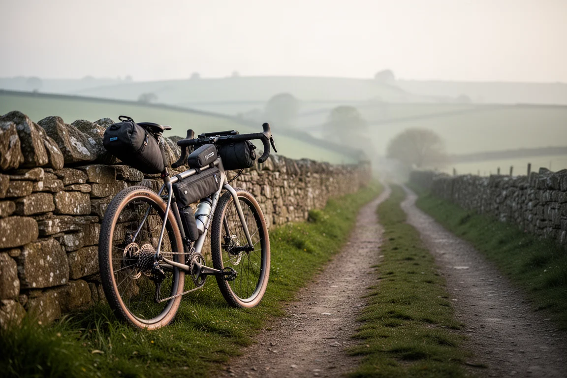 Loaded gravel bike leaning against a dry stone wall on a rural track