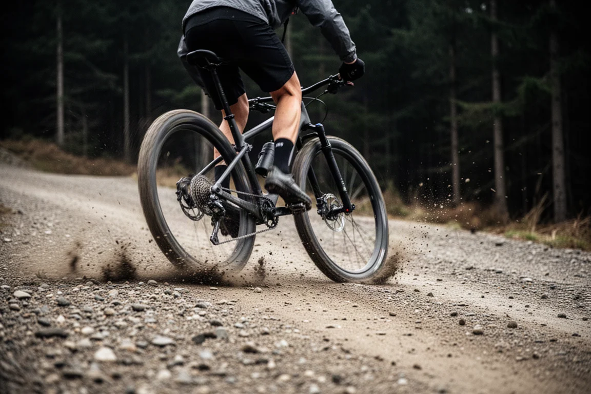 Cyclist descending a steep wet gravel track with the saddle dropped