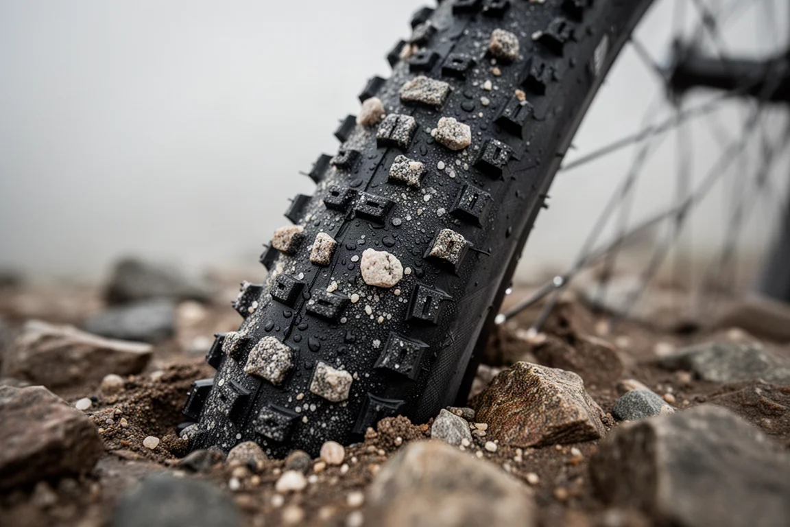 Close-up of a knobby gravel tyre on wet rocky ground with water beading