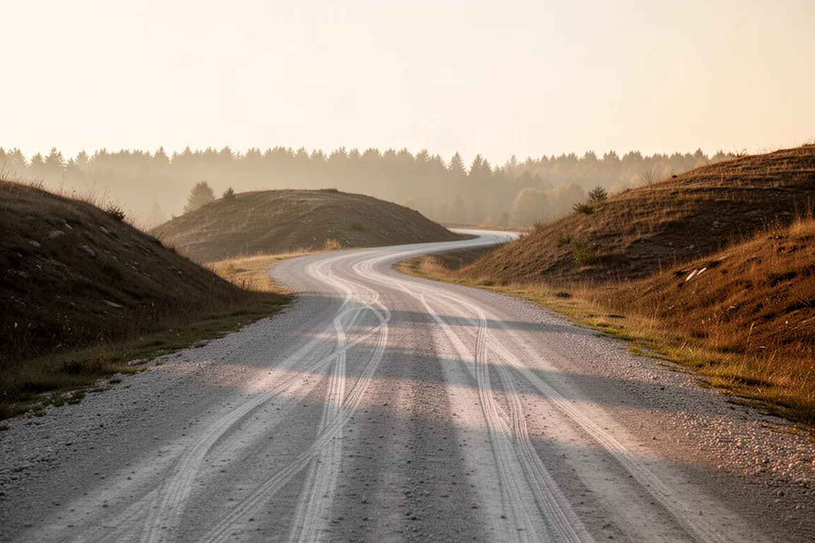 Empty gravel road curving into hills at golden hour with tyre tracks