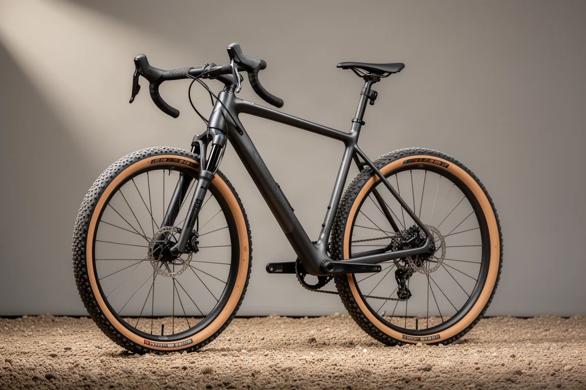 Carbon gravel bike with suspension fork, flared drop bar, and knobby tyres on grey backdrop