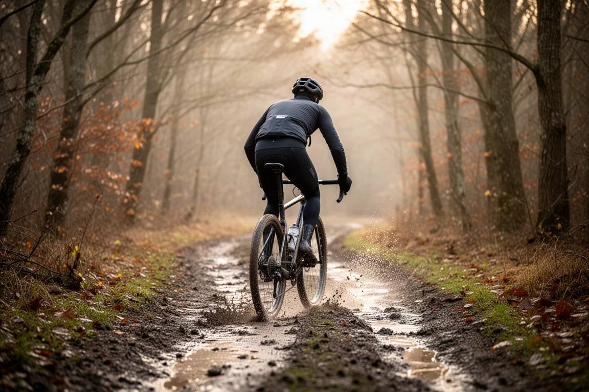 Gravelcyklist som cyklar på en lerig skogsstig i svagt vinterljus