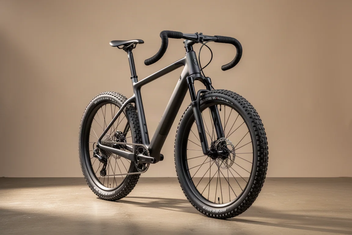 サスペンションフォークとフレア付きドロップバーを備えたグラベルバイクが灰色の背景に立っている