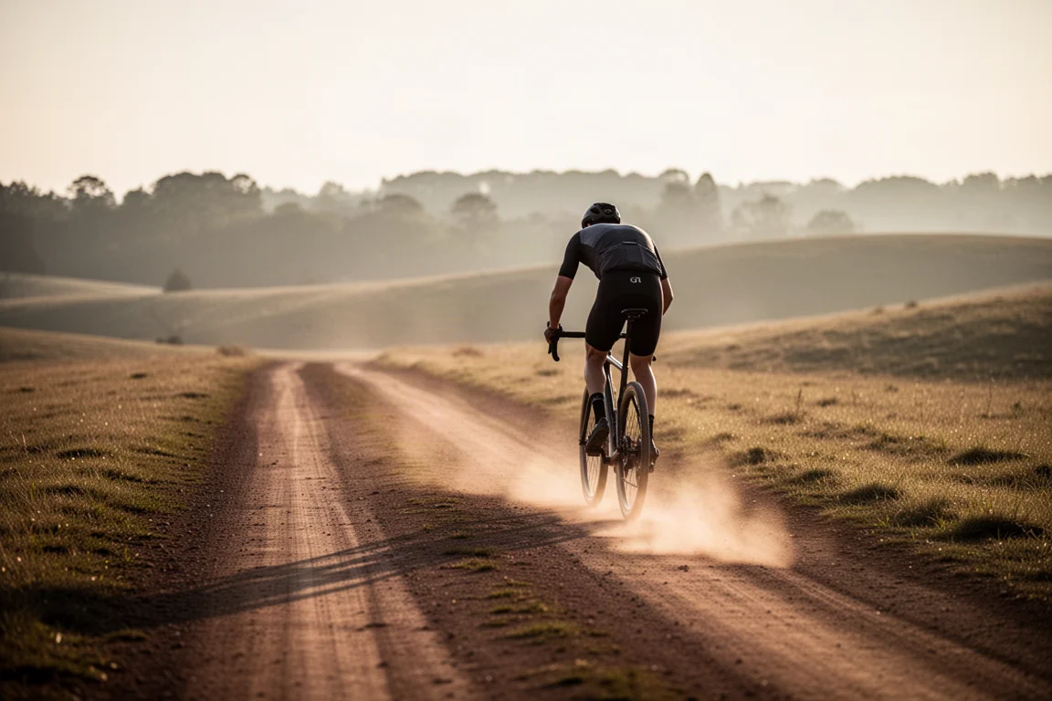 Gravel cyclist riding a dirt track through rolling hills at golden hour