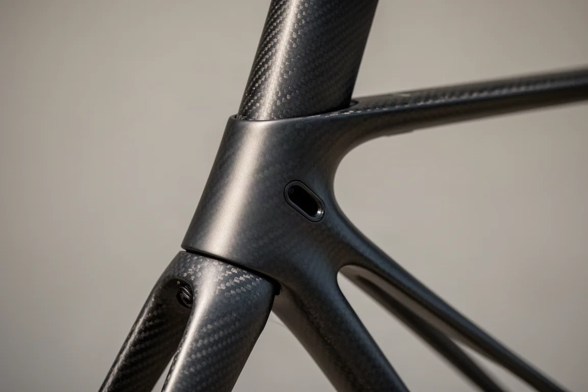Close-up of a matte carbon bike frame showing weave and internal cable routing