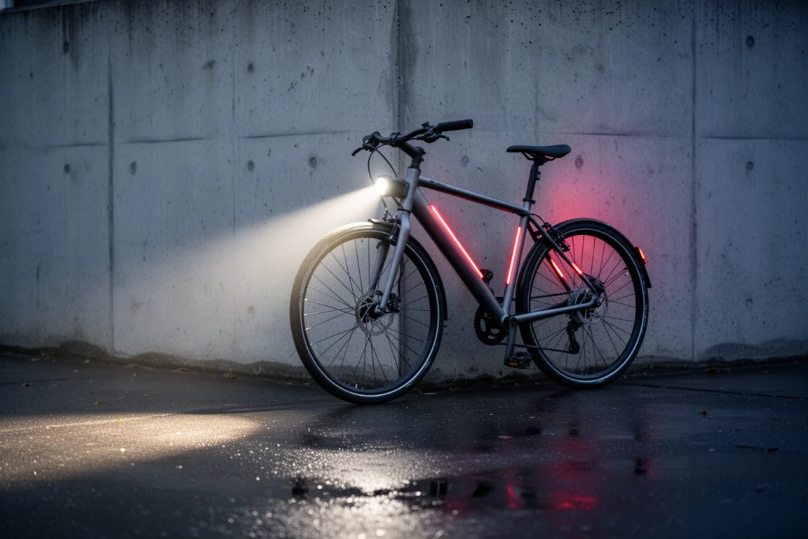 Bike parked at dusk with integrated headlight beam on wet pavement