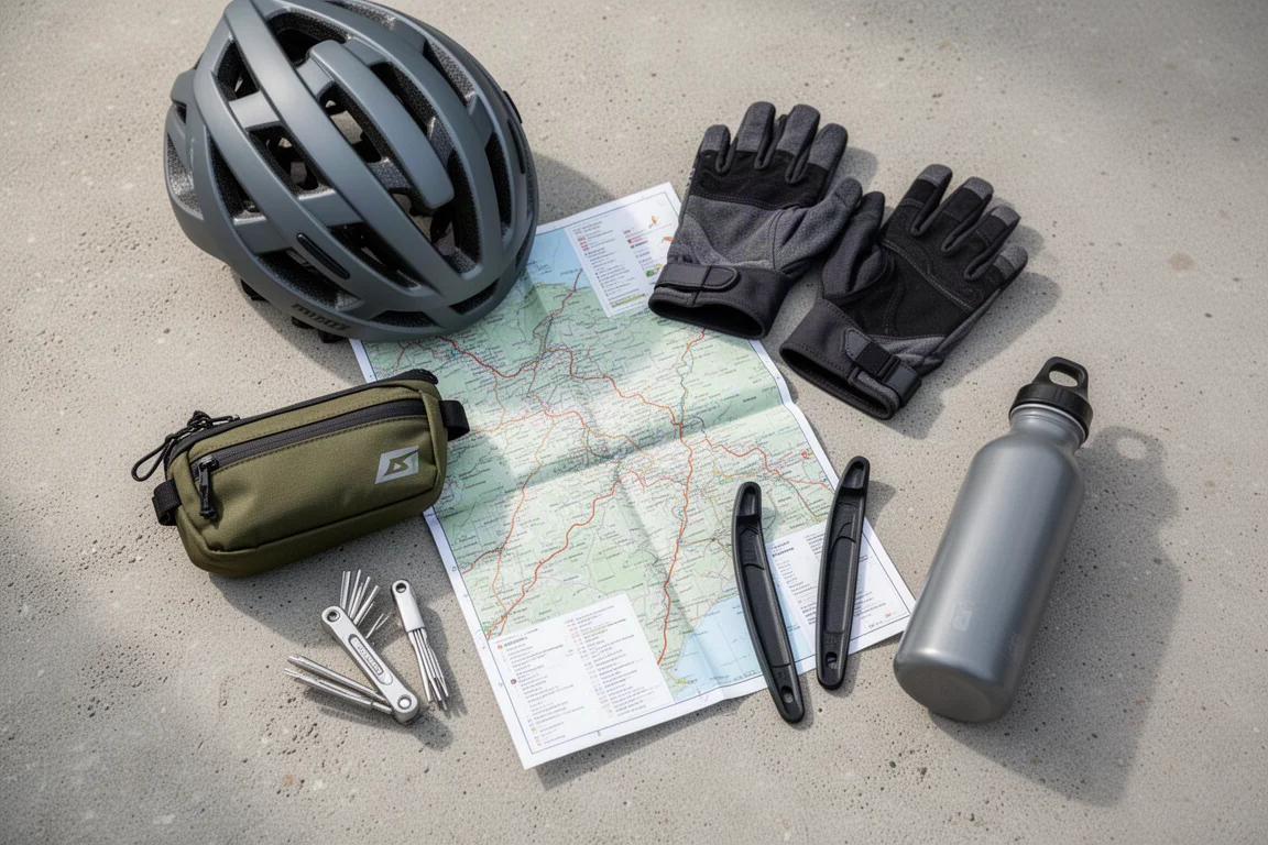 Overhead flat-lay of gravel riding essentials on grey concrete surface
