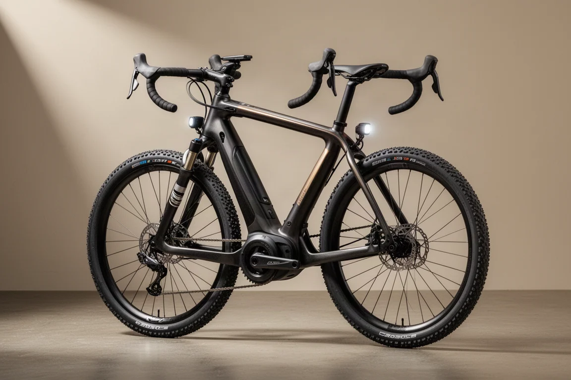 E-gravelcykel i kolfiber med bockstyre, mönstrade däck och integrerad belysning på betong