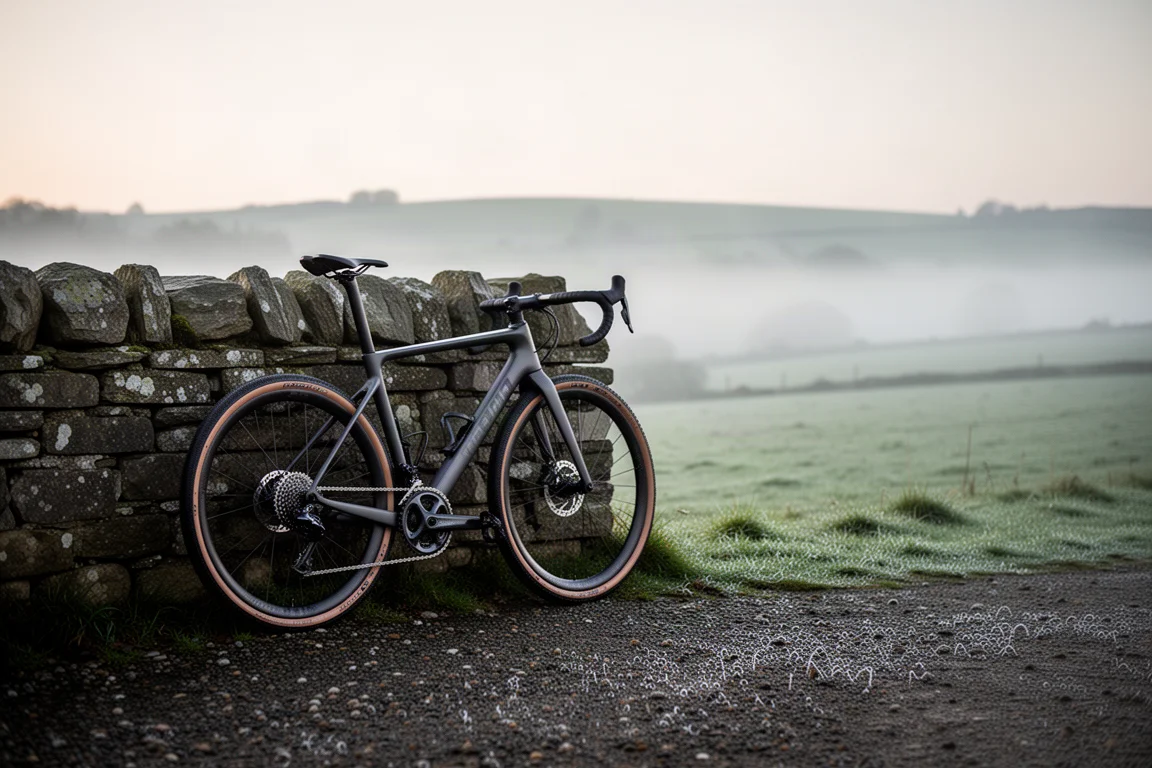 Carbon gravel bike leaning against a stone wall on a misty gravel road at dawn