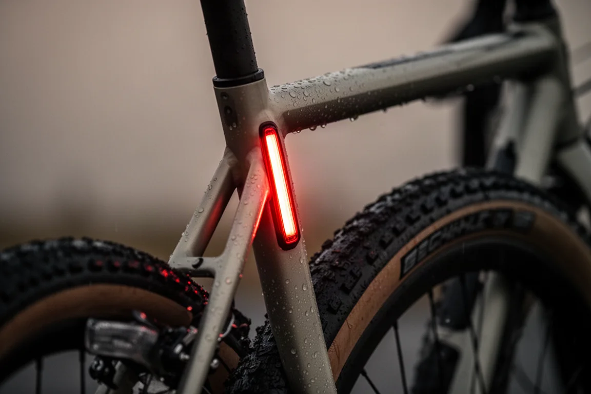 Integrated rear light glowing red on the seatstay of a gravel bike at dusk
