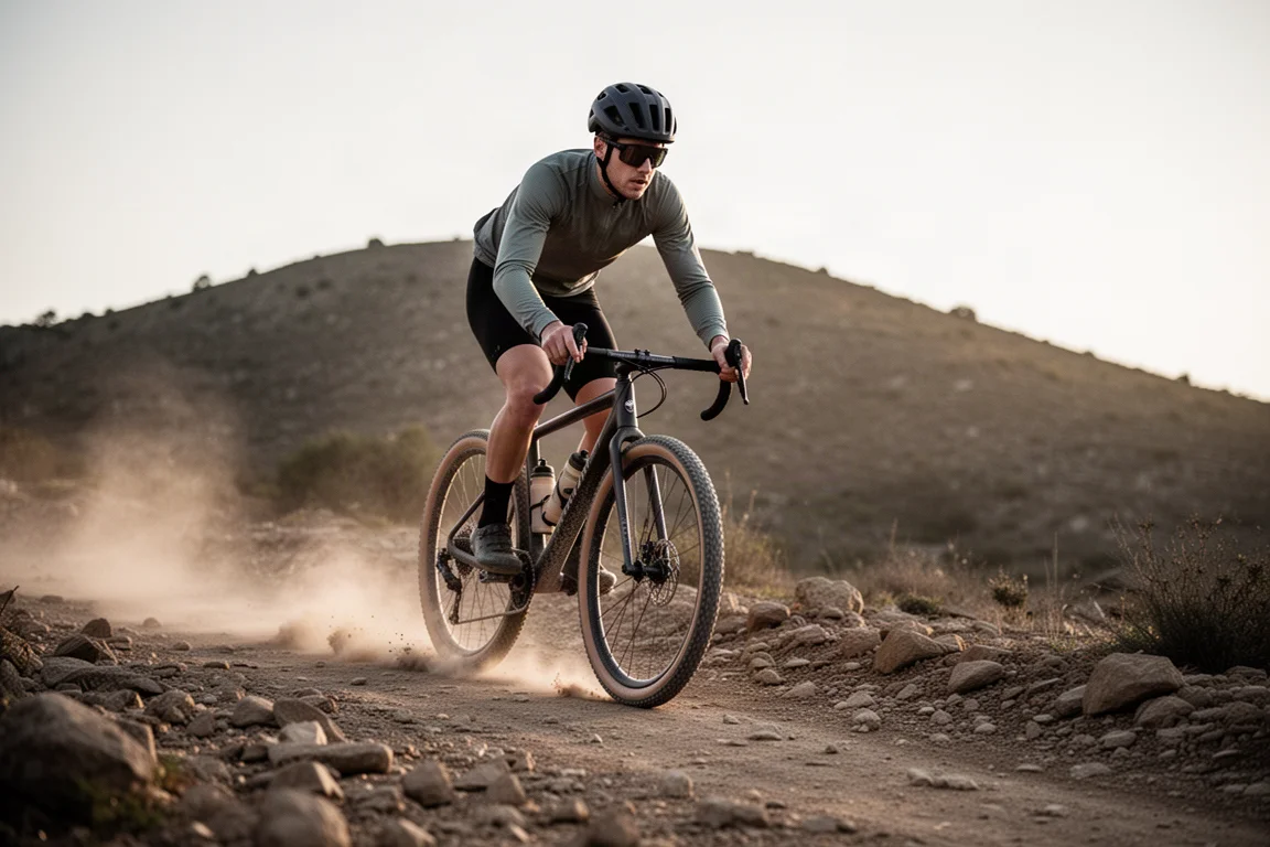 Cyclist descending a loose rocky gravel track with dust rising behind the wheel