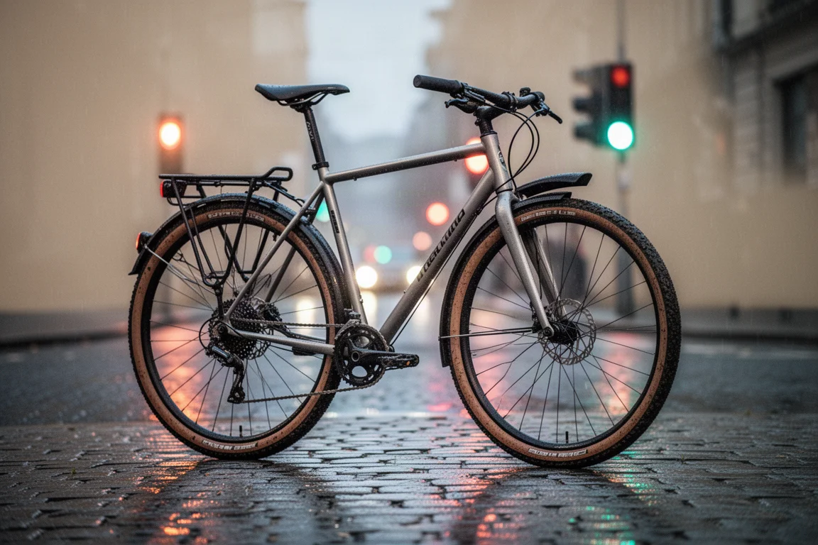 Gravel bike with mudguards and a rear rack parked on a wet city street at blue hour