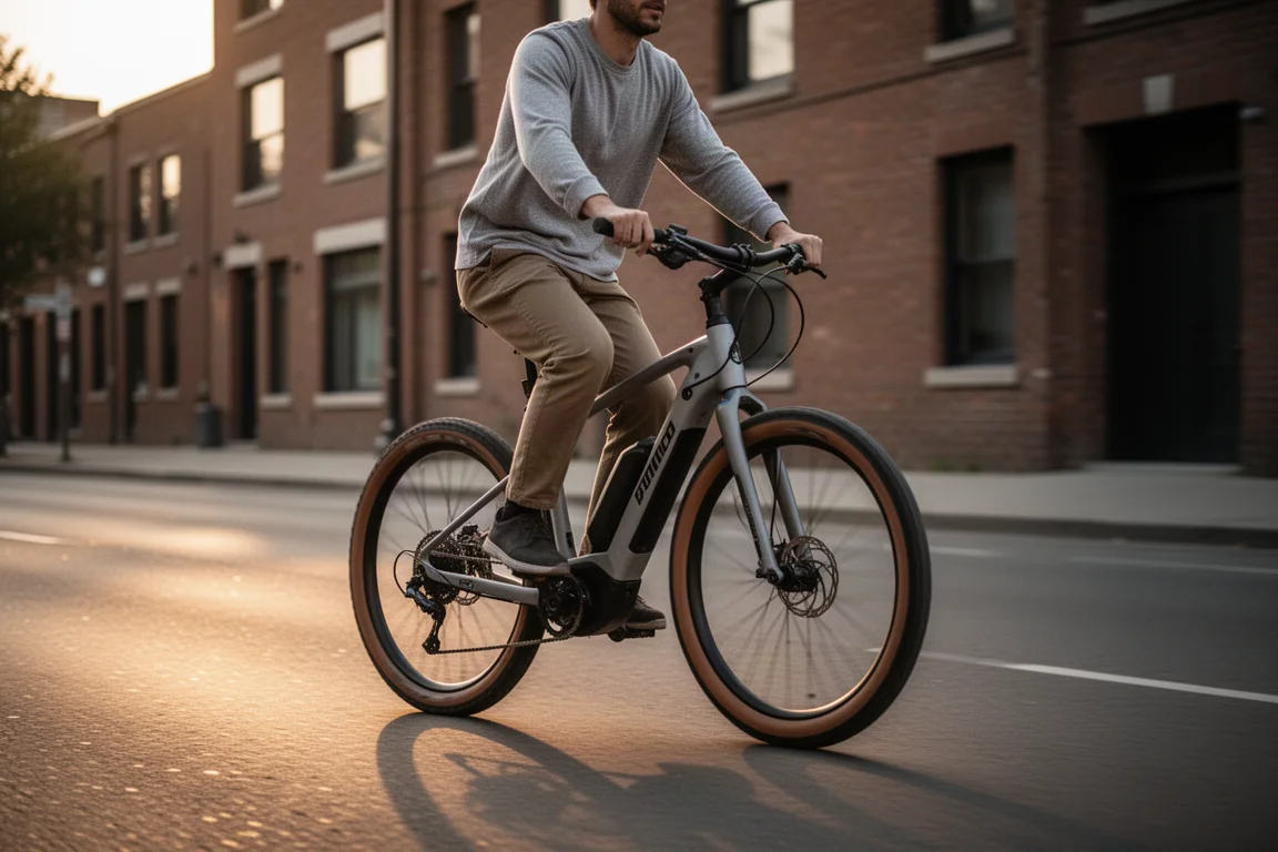 Ciclista que se desplaza al trabajo sobre una bici gravel eléctrica en un carril bici urbano mojado al amanecer